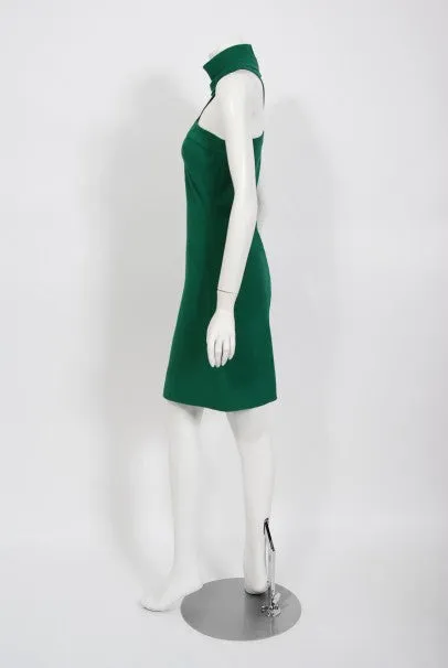 1966 Pierre Cardin Haute Couture Documented Green Crepe Turtleneck Mod Dress