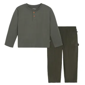 2-Piece Infant & Toddler Boys Dark Green Henley Shirt and Pant Set