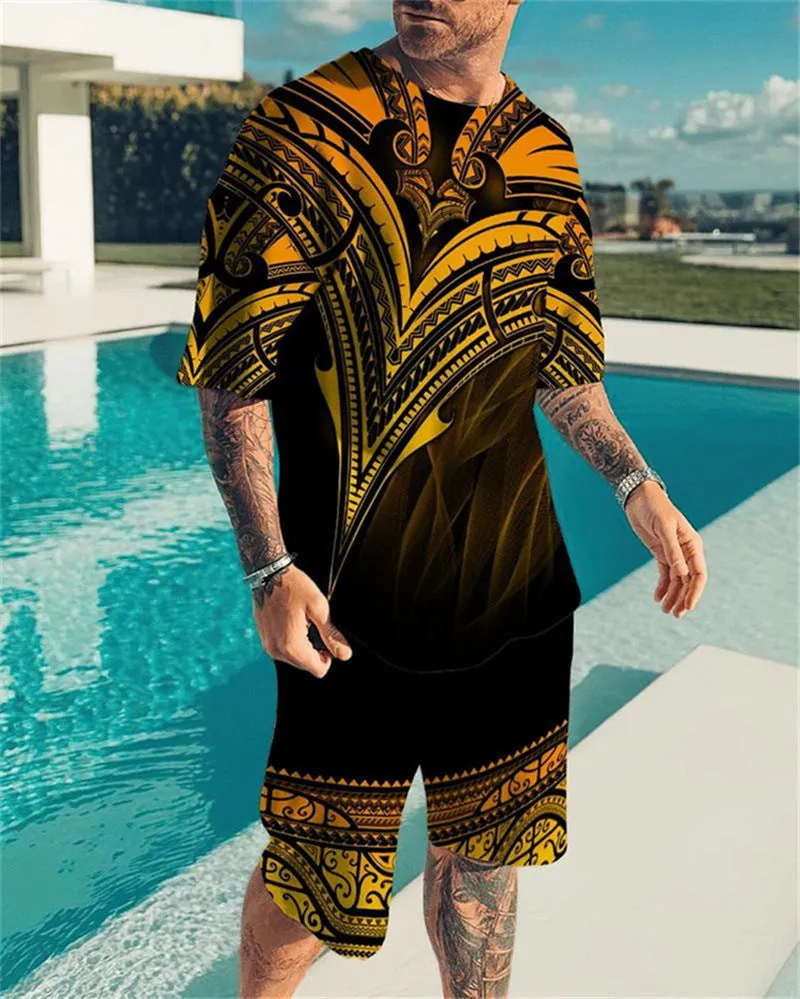 3D Digital Printing Men Summer Short-sleeved Beach Pants Suit