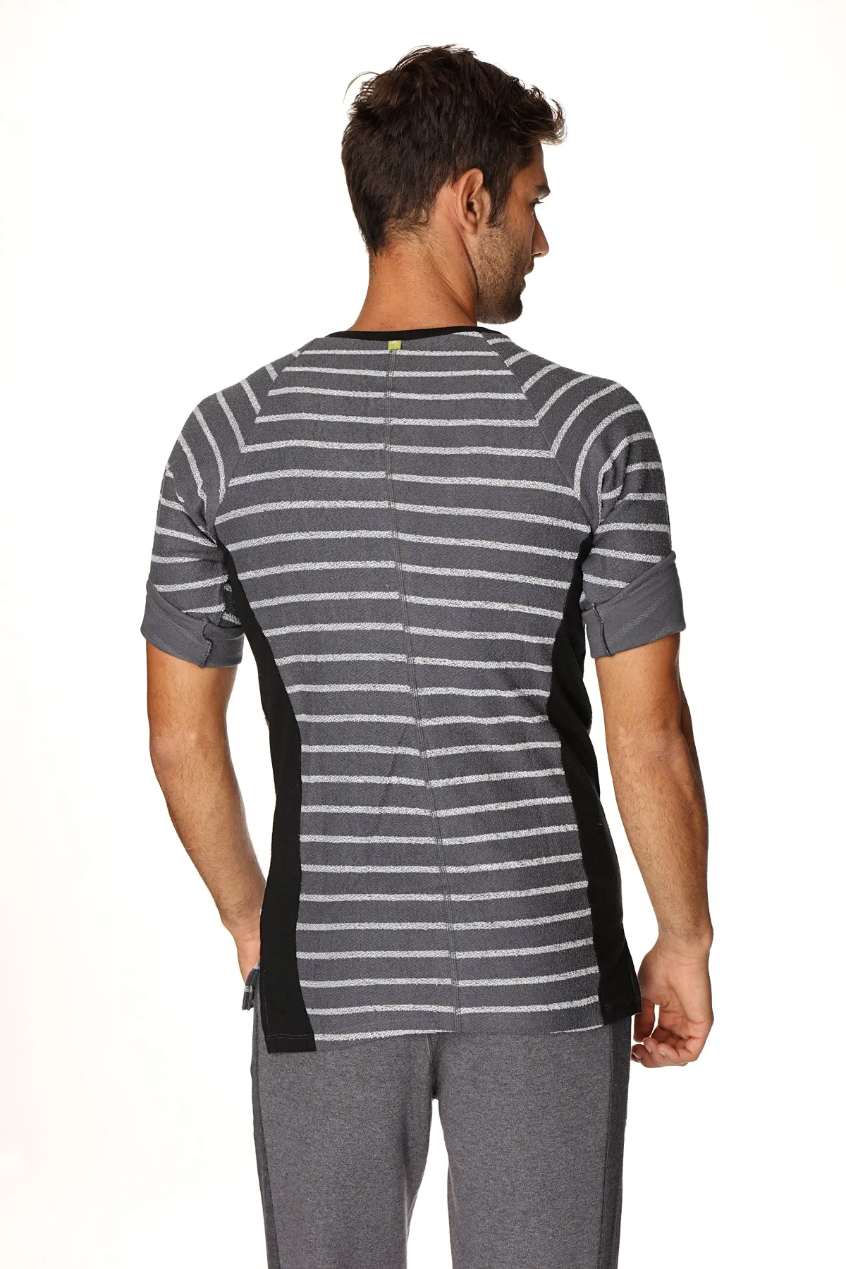 4-rth Mens Vintage-Stripe Henley Tee in French Terry Loop (Charcoal w/Stripe)