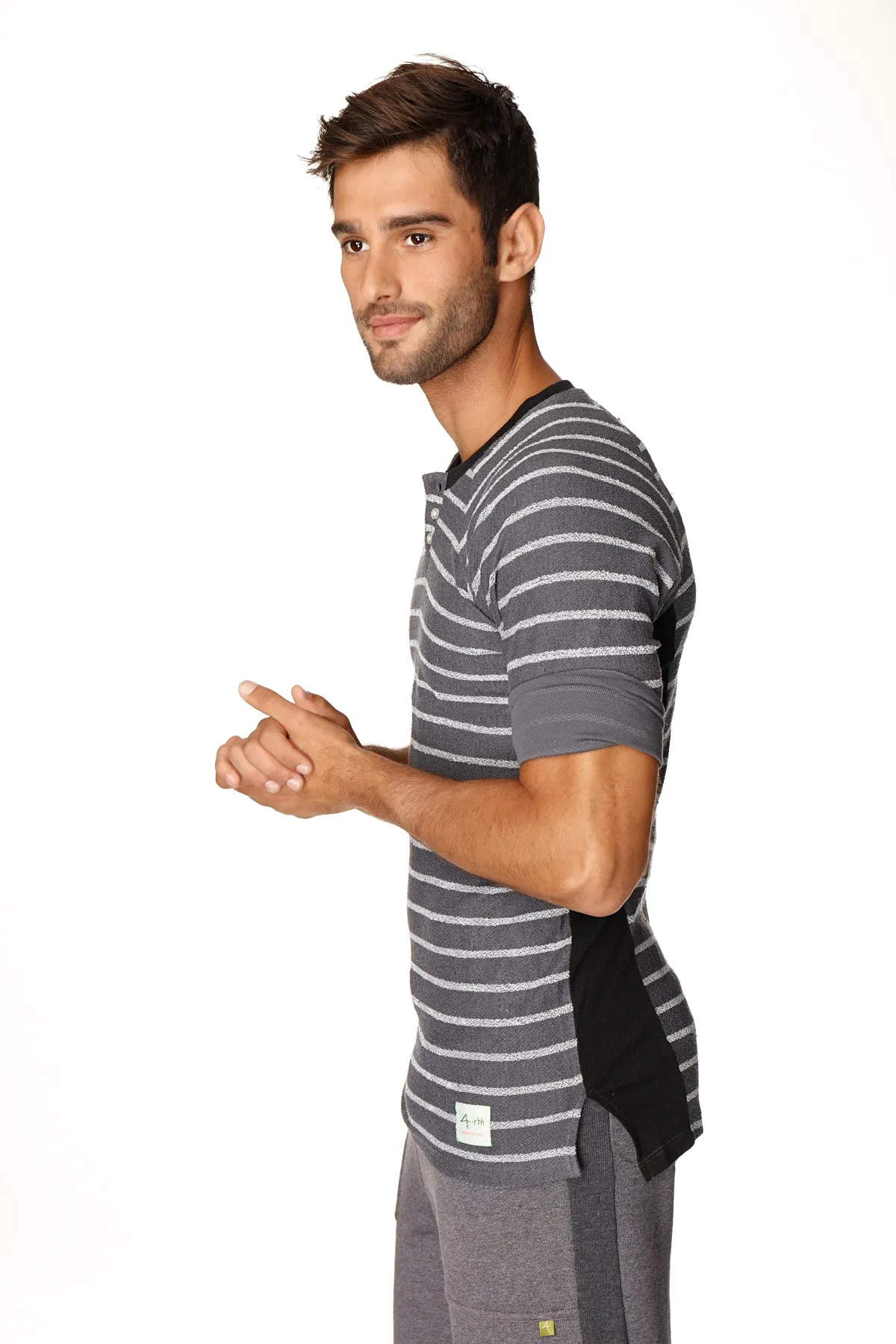 4-rth Mens Vintage-Stripe Henley Tee in French Terry Loop (Charcoal w/Stripe)