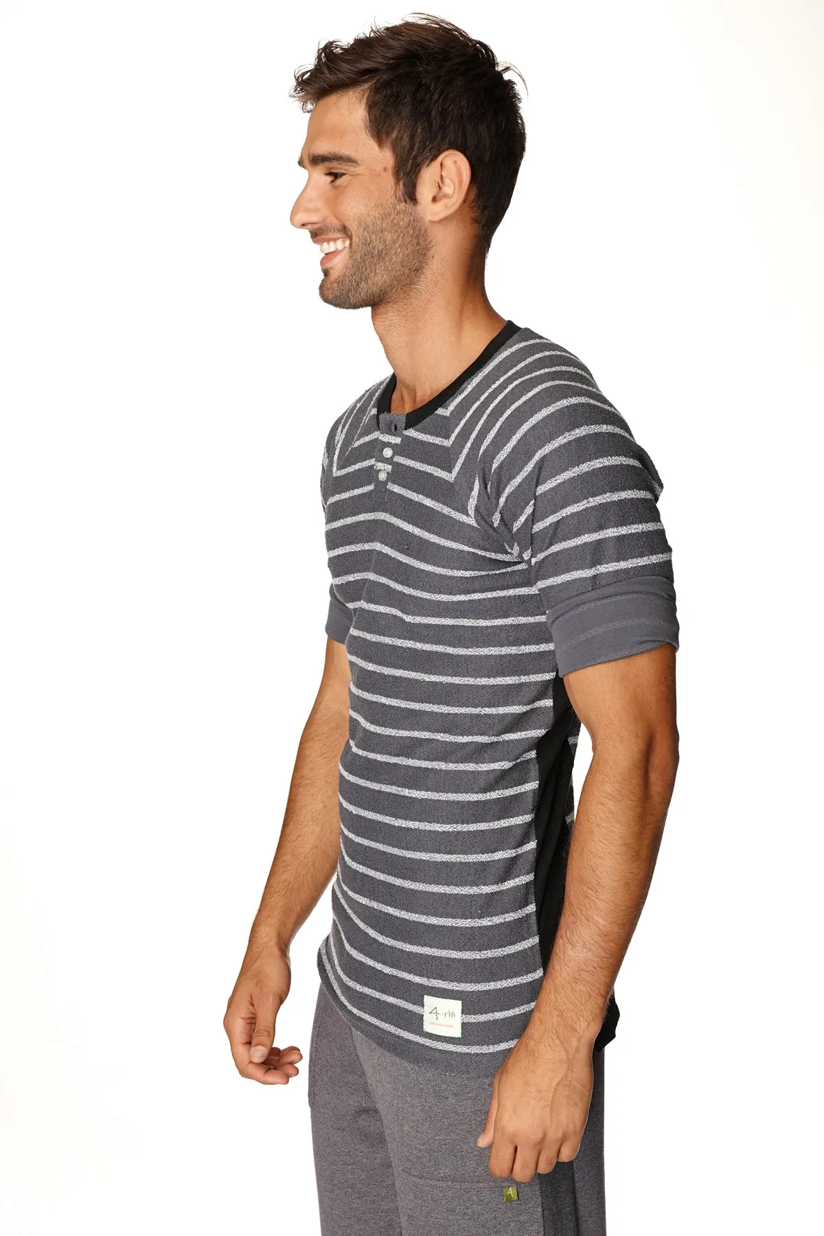 4-rth Mens Vintage-Stripe Henley Tee in French Terry Loop (Charcoal w/Stripe)