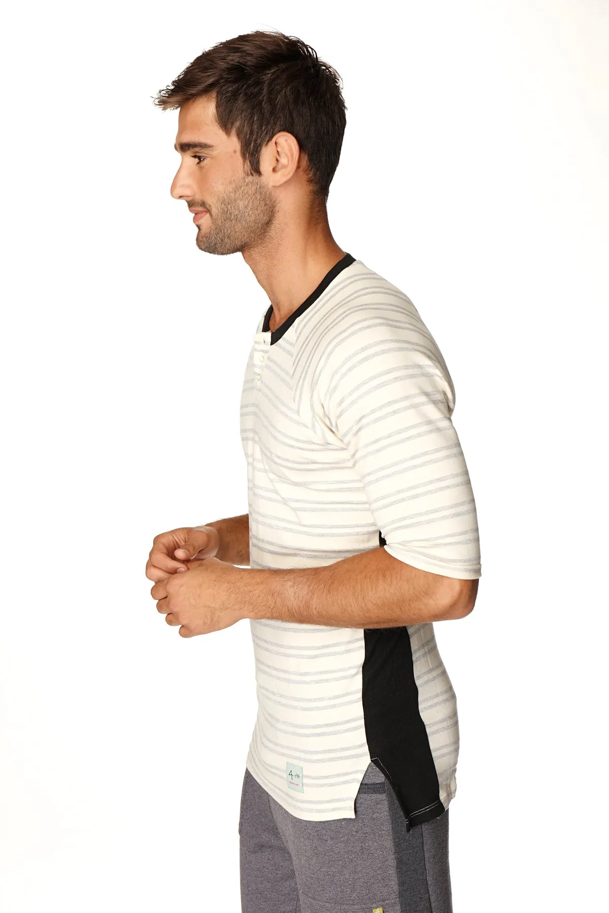 4-rth Mens Vintage-Stripe Henley Tee in French Terry Loop (Grey Double Stripe)