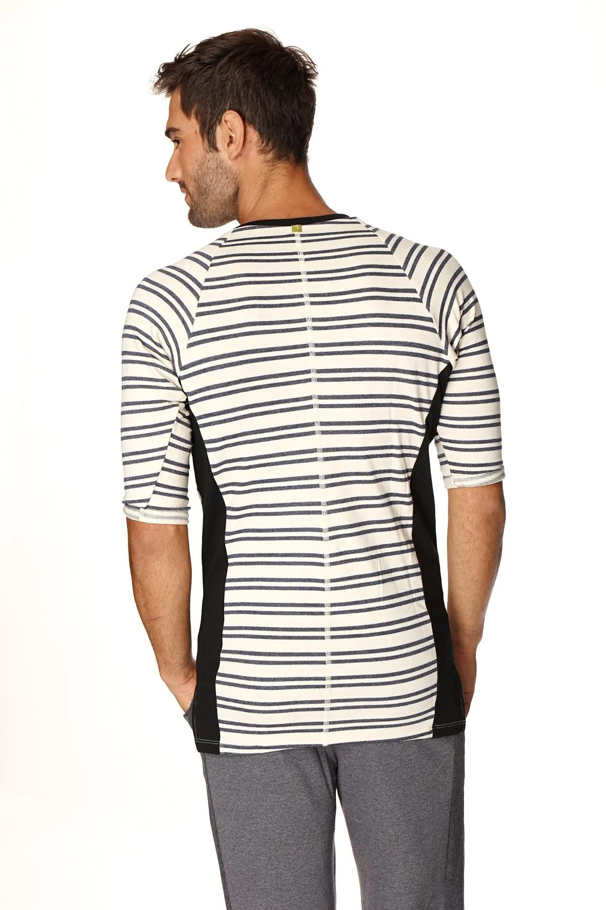 4-rth Mens Vintage-Stripe Henley Tee in French Terry Loop (Navy Double Stripe)