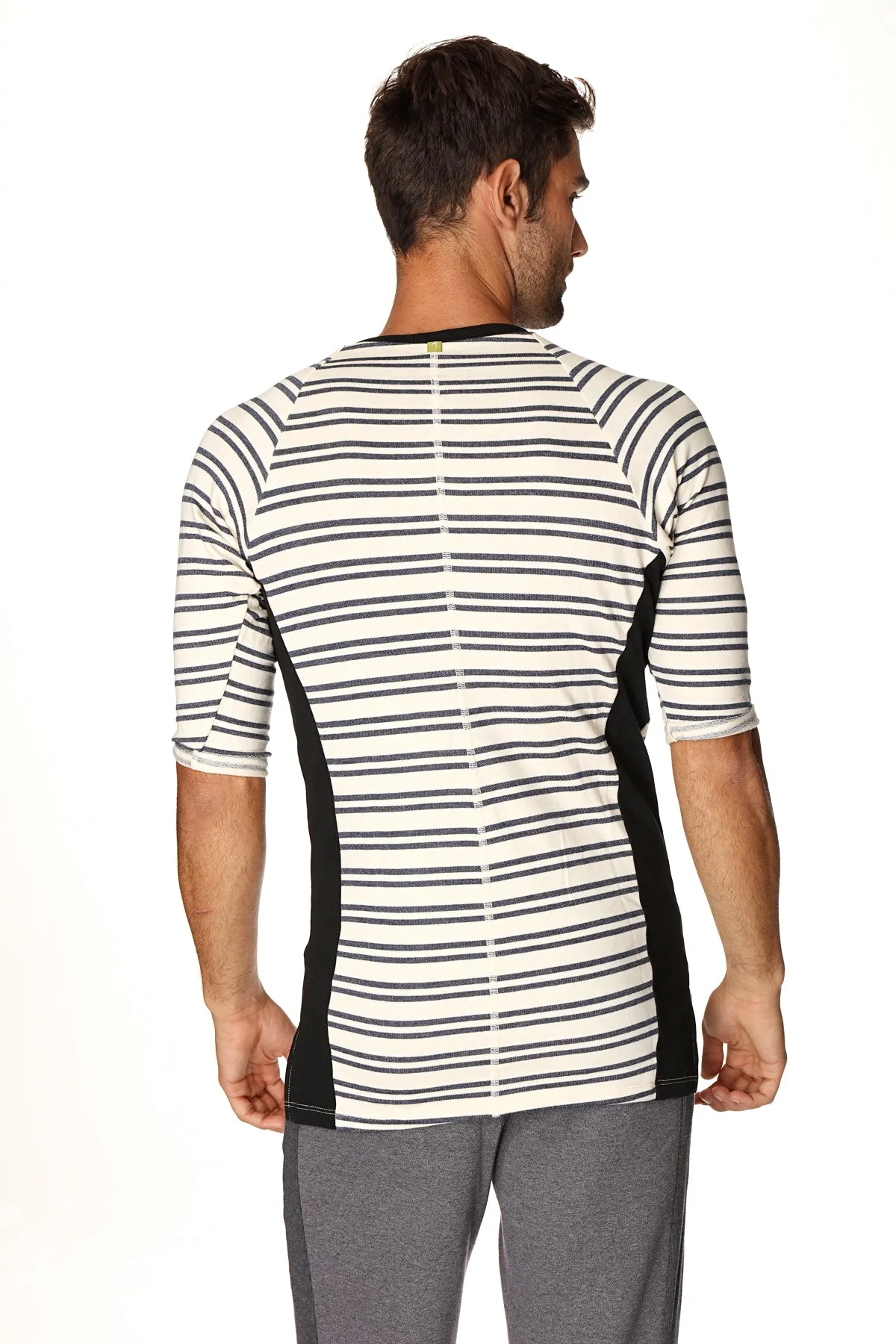 4-rth Mens Vintage-Stripe Henley Tee in French Terry Loop (Navy Double Stripe)