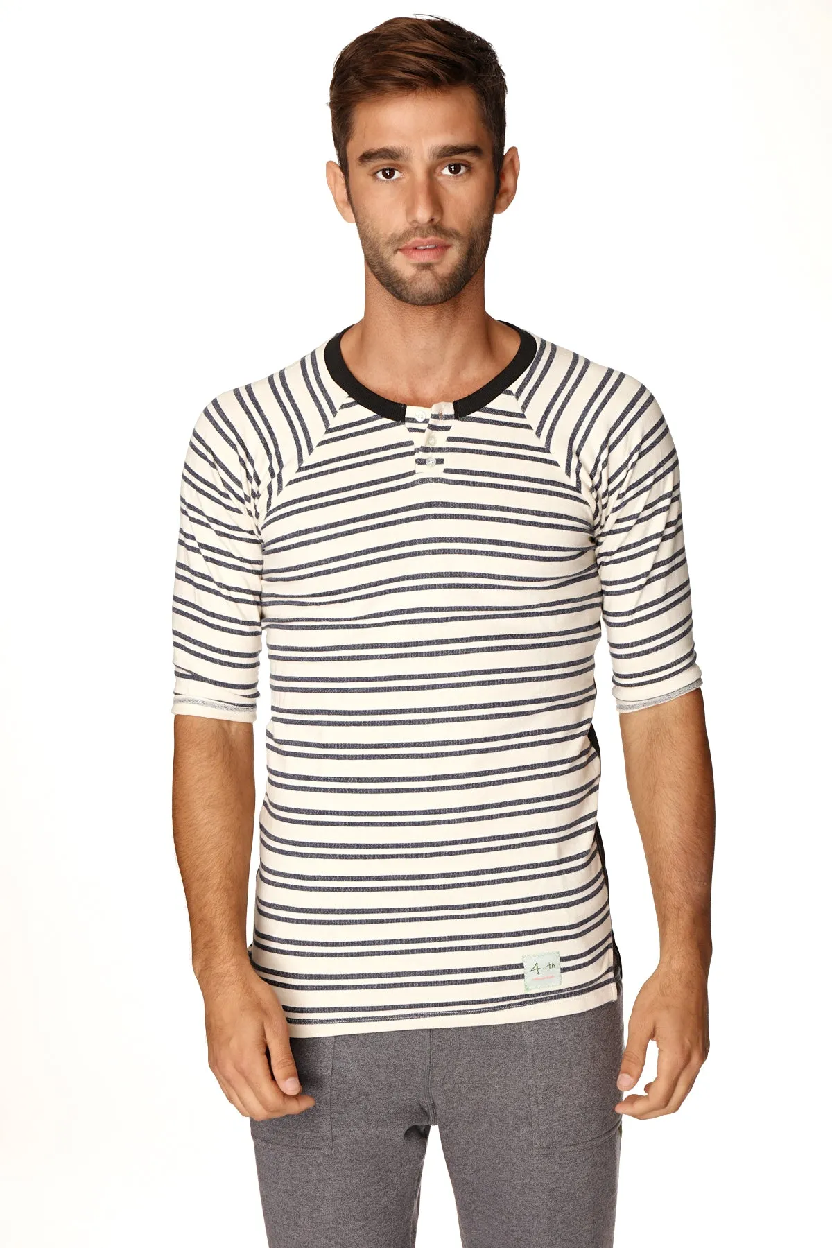 4-rth Mens Vintage-Stripe Henley Tee in French Terry Loop (Navy Double Stripe)