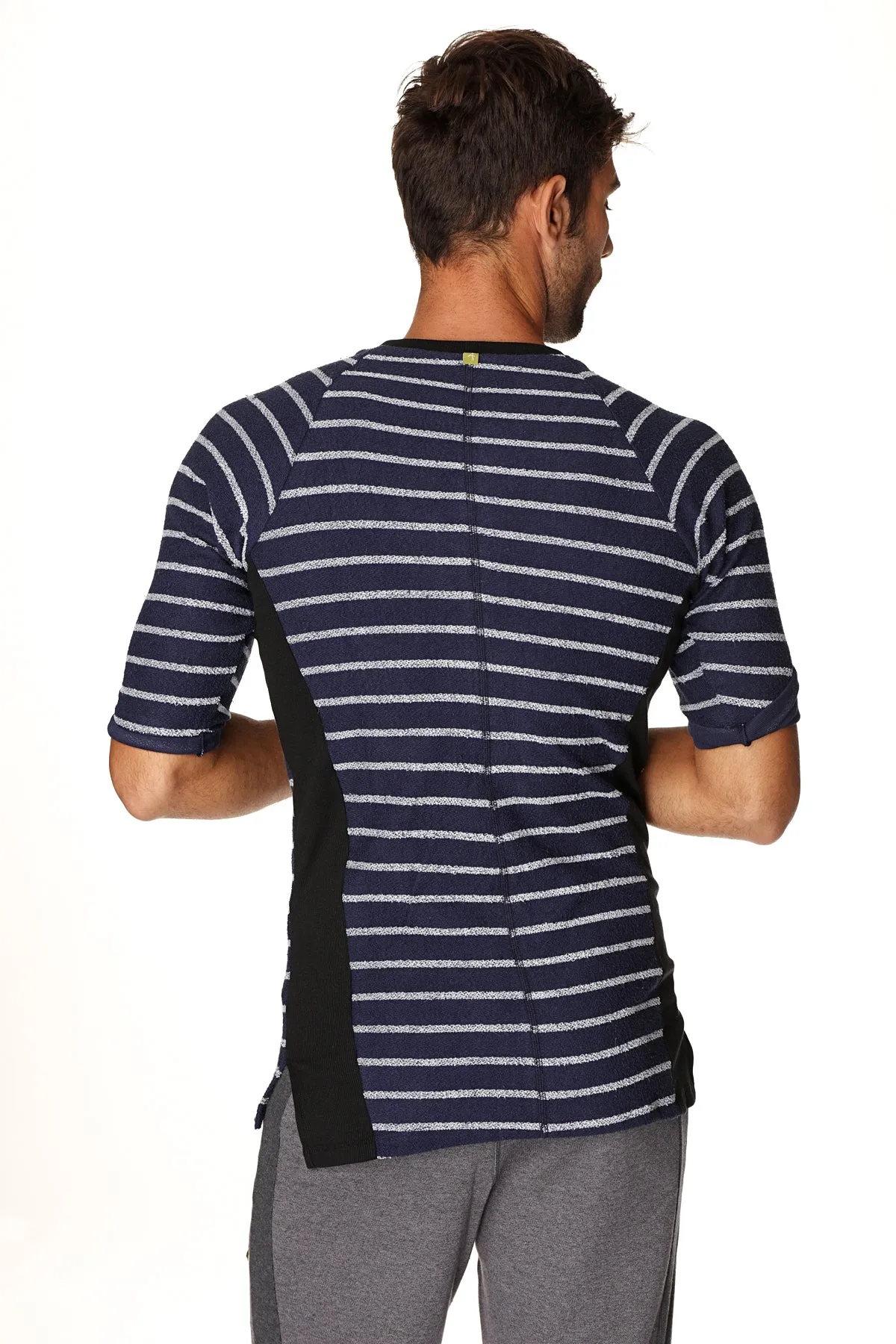 4-rth Mens Vintage-Stripe Henley Tee in French Terry Loop (Navy w/Stripe)