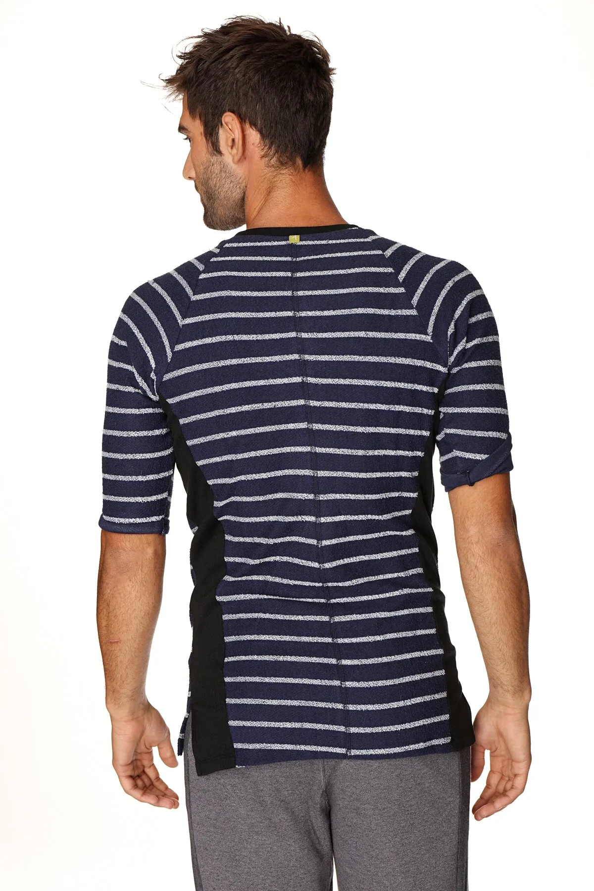 4-rth Mens Vintage-Stripe Henley Tee in French Terry Loop (Navy w/Stripe)