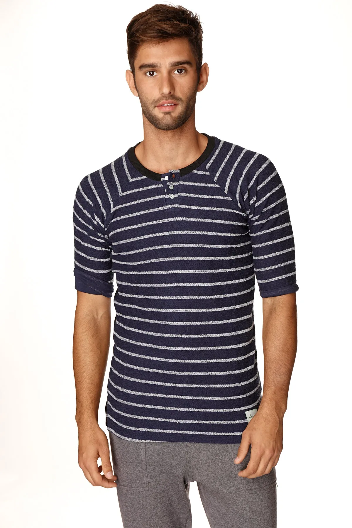 4-rth Mens Vintage-Stripe Henley Tee in French Terry Loop (Navy w/Stripe)