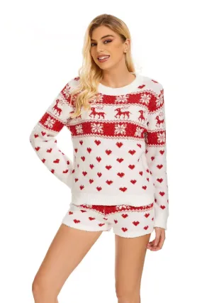 Amazon Autumn Winter New Pullover Casual Homewear Half-Side Fleece Knitted Sweater Christmas Set Pajamas Suit