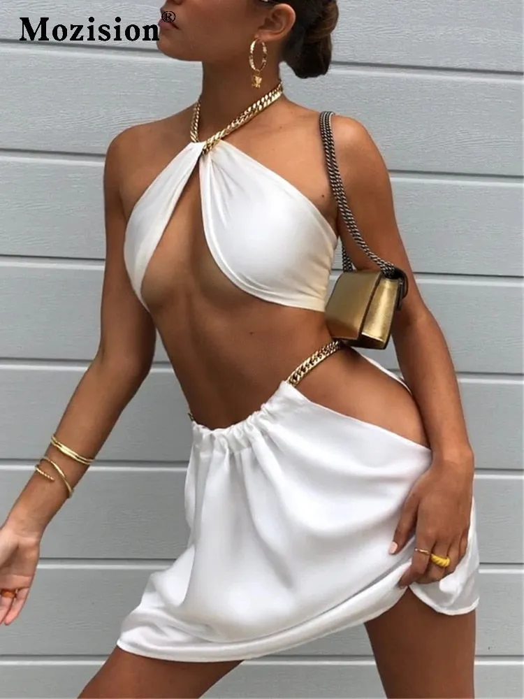 Amozae-hoco dresses  Satin Two Piece Set For Women Outfits Summer   Club Party Dress Sets Metal Chain Halter Crop Top And Mini Skirt Set