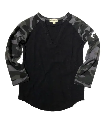 Appaman - Long Sleeve Baseball Tee in Black with Camo Sleeves