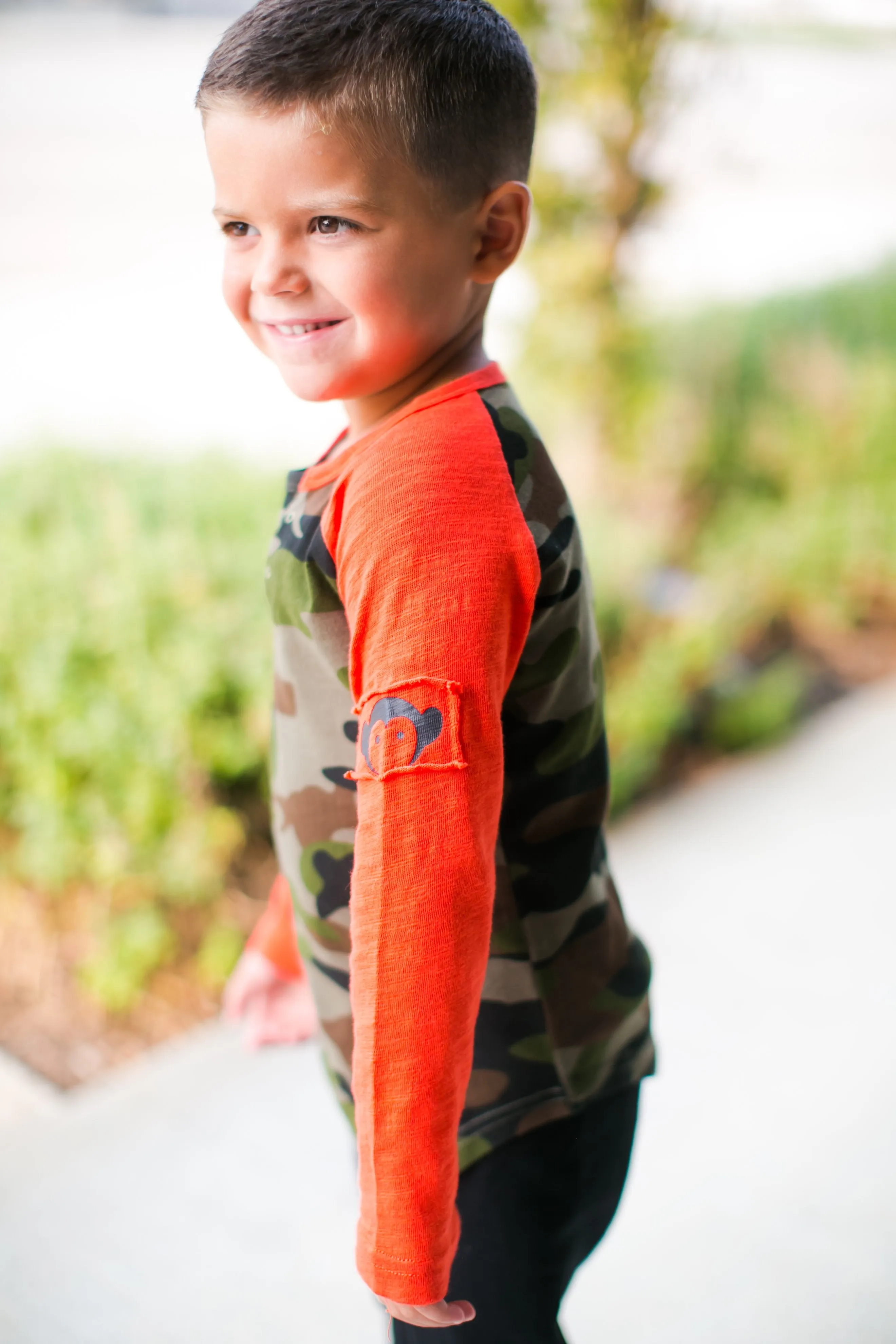 Appaman - Long Sleeve Baseball Tee in Camo with Orange Sleeves