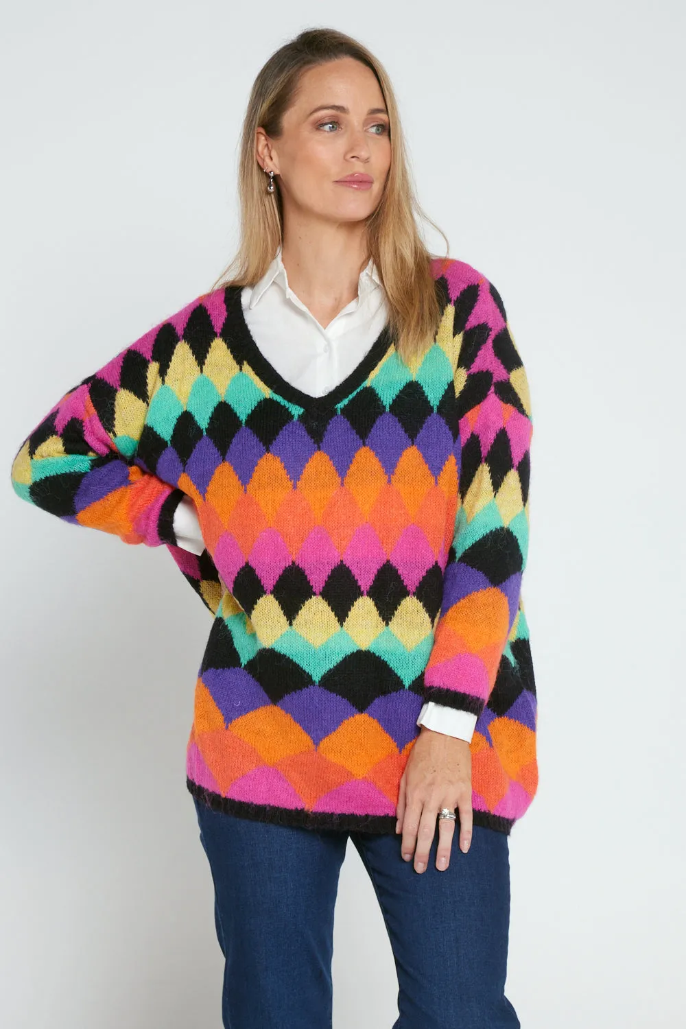 Argyle Knit Jumper - Black/Rainbow