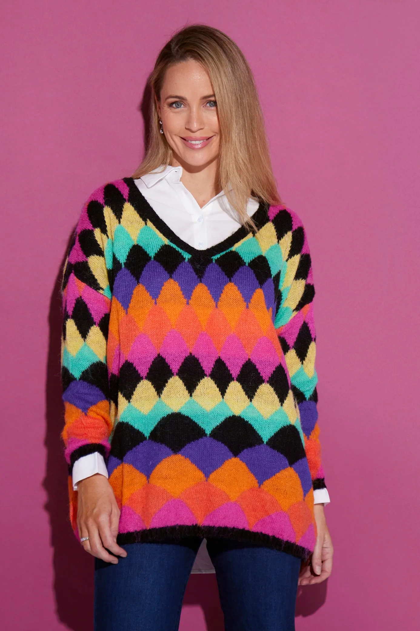 Argyle Knit Jumper - Black/Rainbow