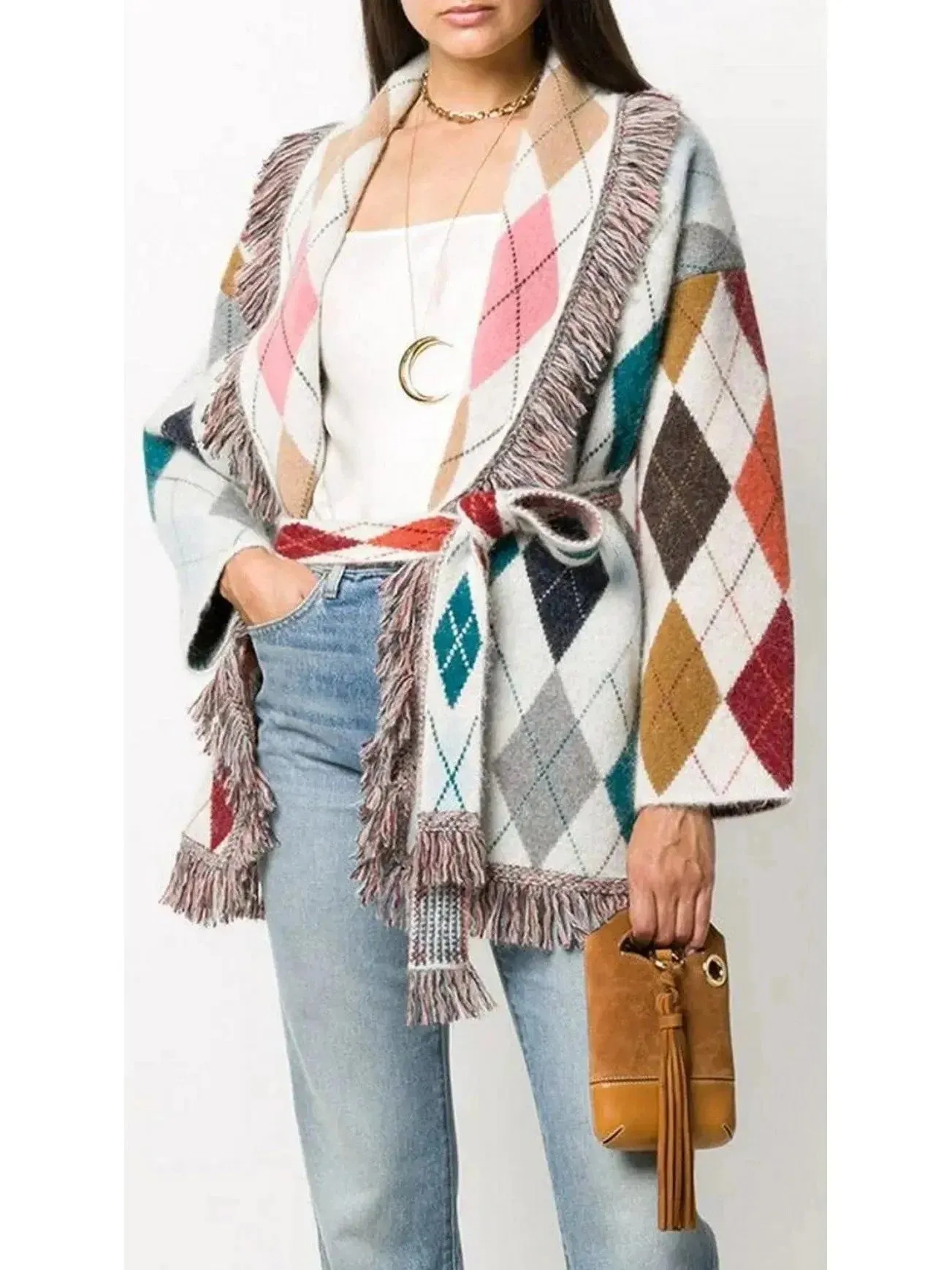 Argyle-Print Belted Fringe Cardigan