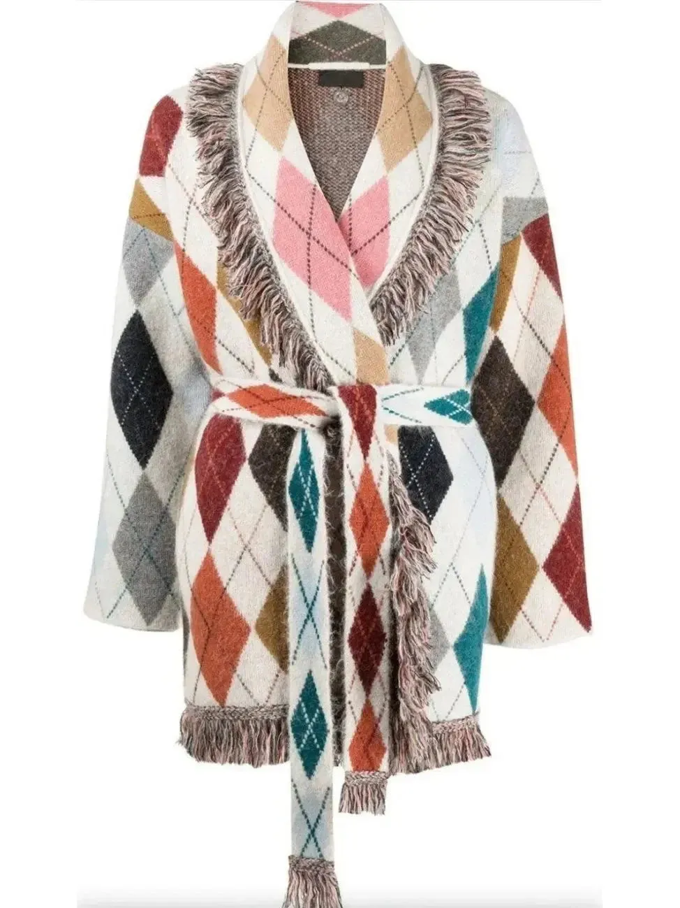 Argyle-Print Belted Fringe Cardigan