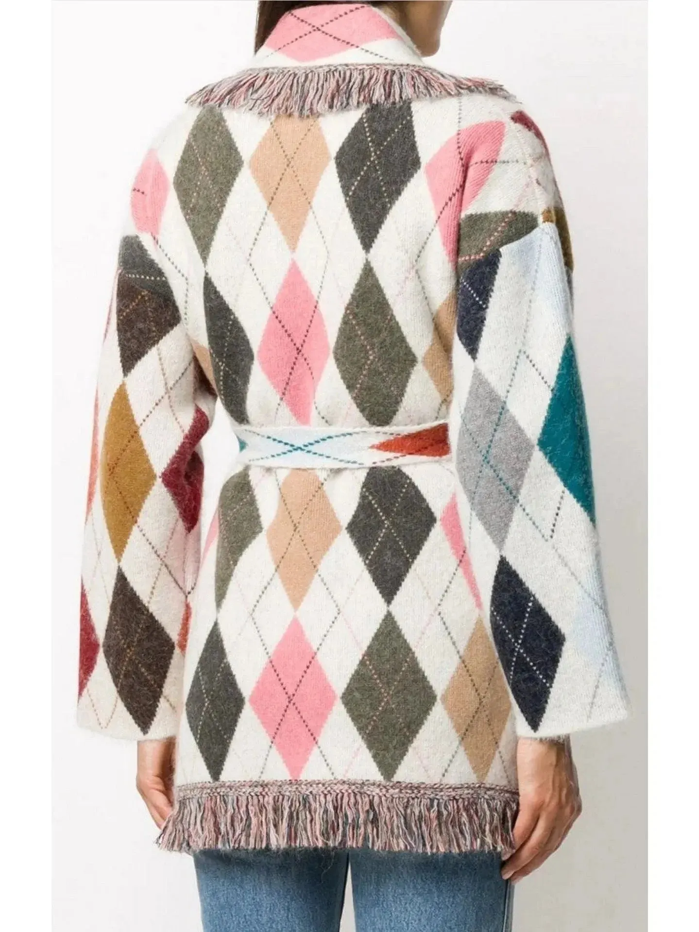 Argyle-Print Belted Fringe Cardigan