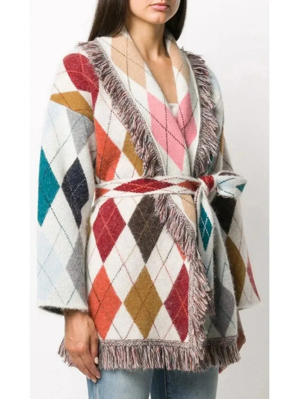 Argyle-Print Belted Fringe Cardigan