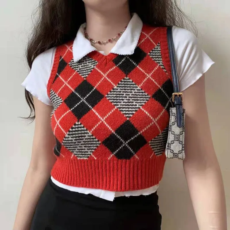 Argyle Women Vest Sweater Autumn Fashion V Neck Knitted Plaid Crop Sweater Casual V Neck Preppy Style Female Jumper Tops