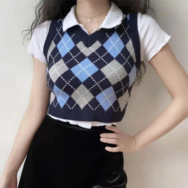 Argyle Women Vest Sweater Autumn Fashion V Neck Knitted Plaid Crop Sweater Casual V Neck Preppy Style Female Jumper Tops