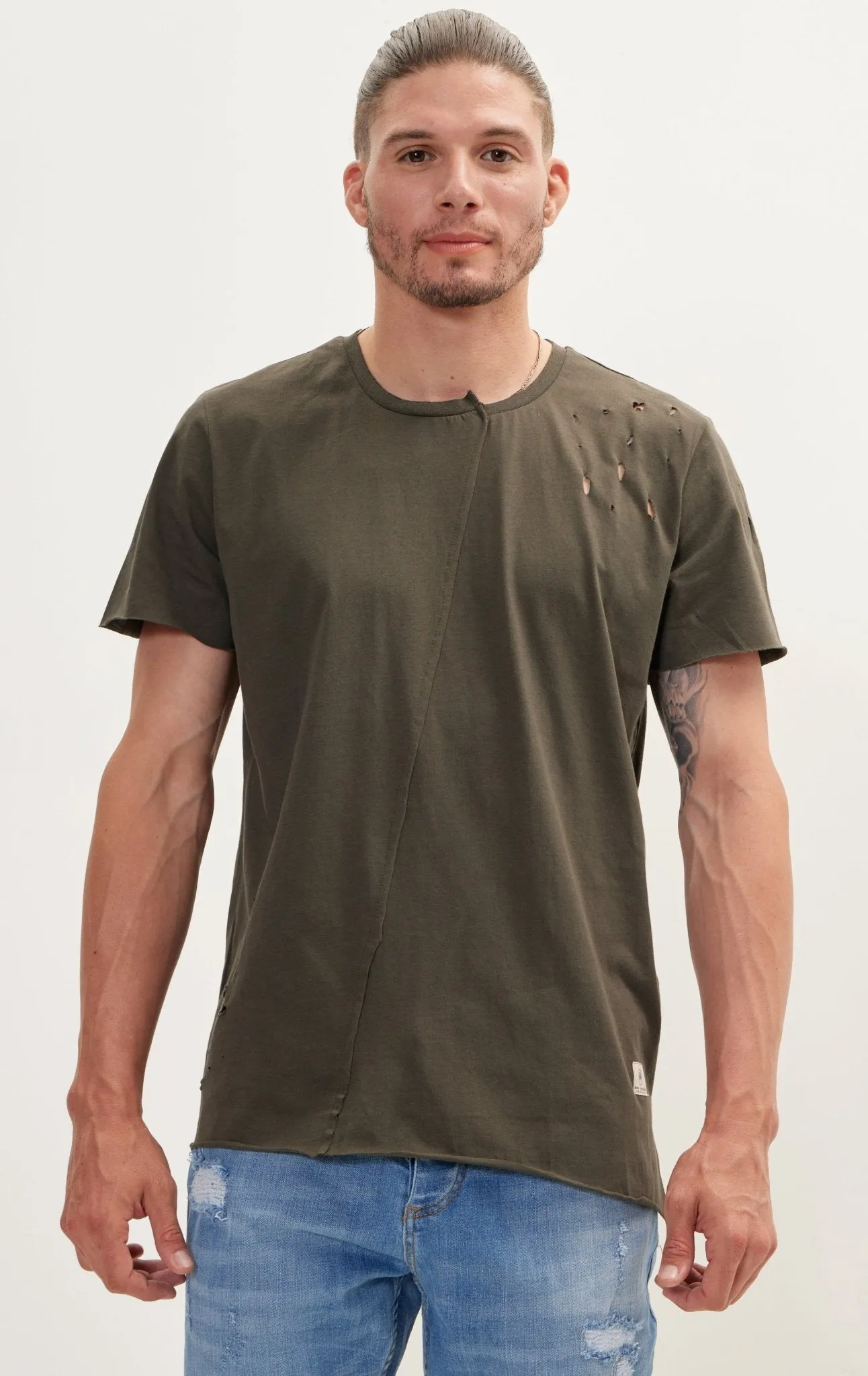 Asymmetric Stitched Distorted T-Shirt - Khaki