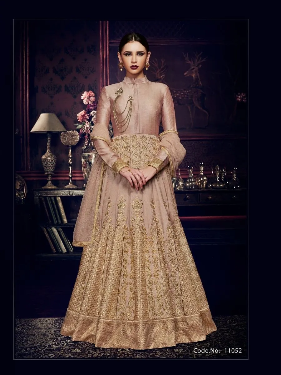 Beige Embroidered Silk Anarkali Suit