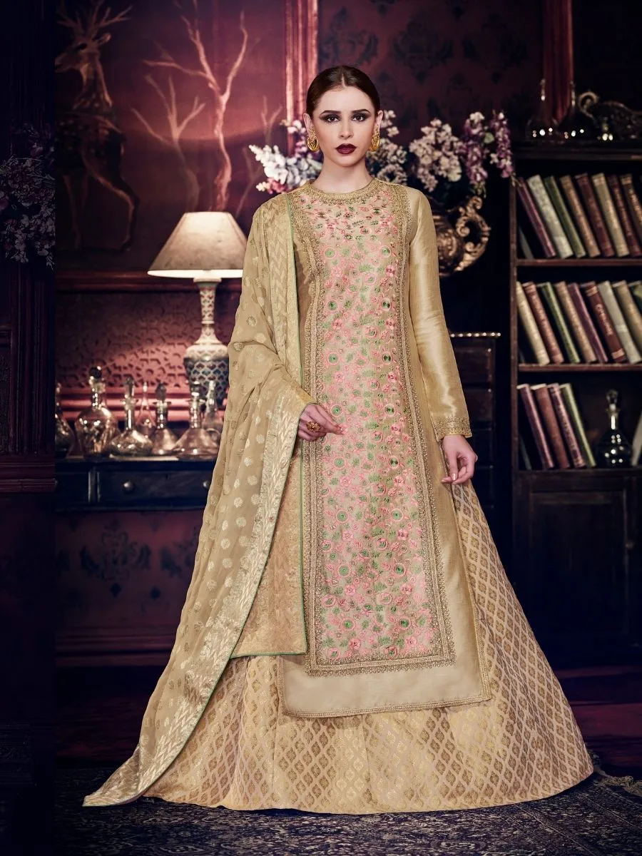 Beige Embroidered Silk Lehenga Style Suit