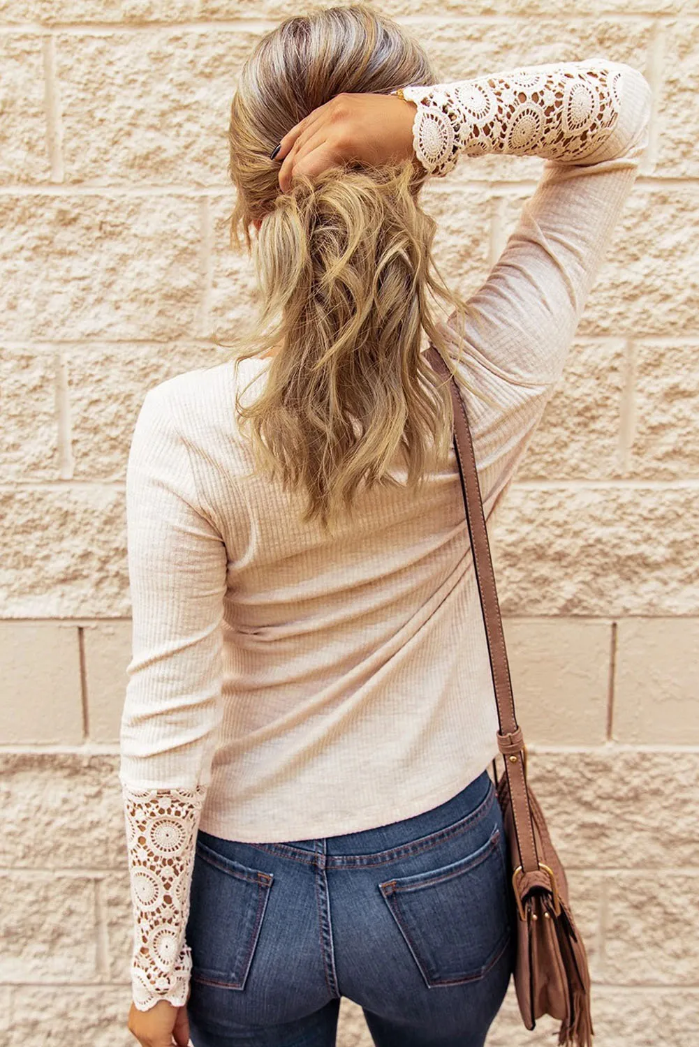 Beige Ribbed Lace Crochet Long Sleeve Henley Shirt for Women