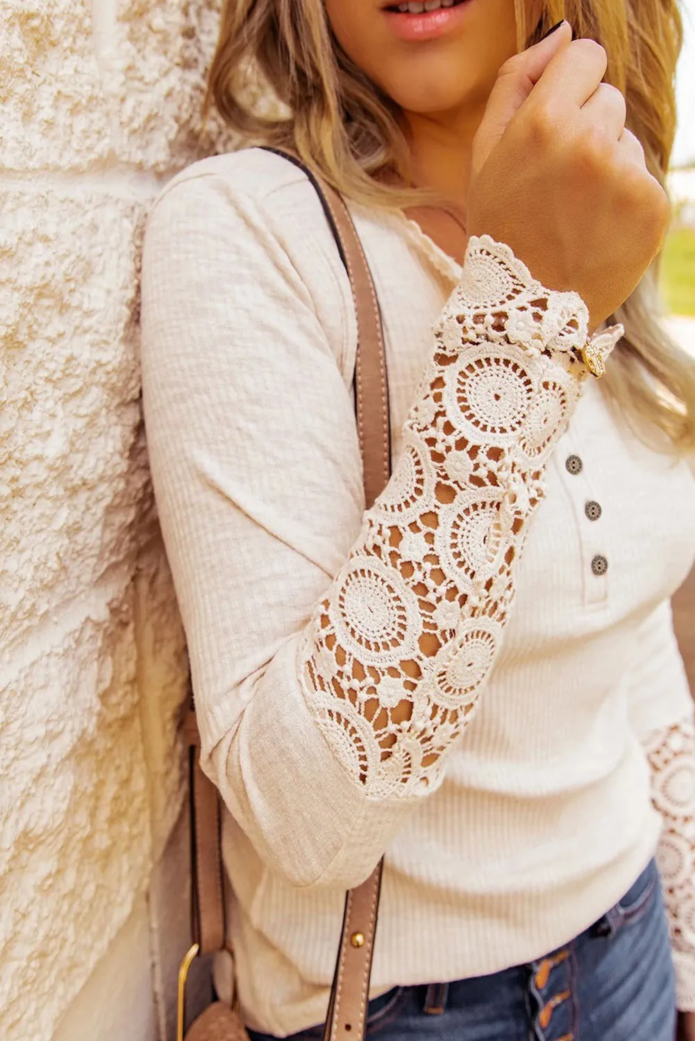 Beige Ribbed Lace Crochet Long Sleeve Henley Shirt for Women