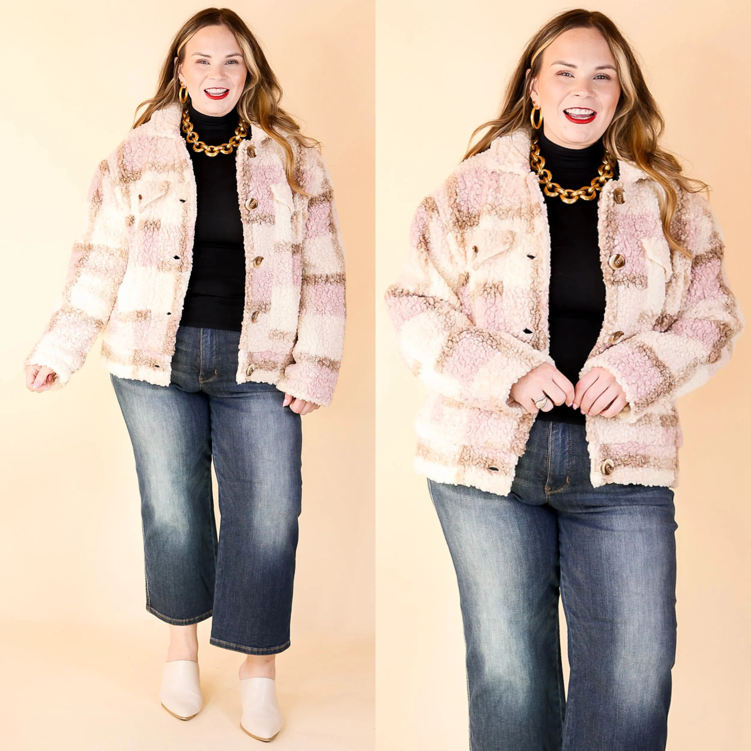 Better in Brooklyn Plaid Button Up Sherpa Jacket in Pink and Ivory