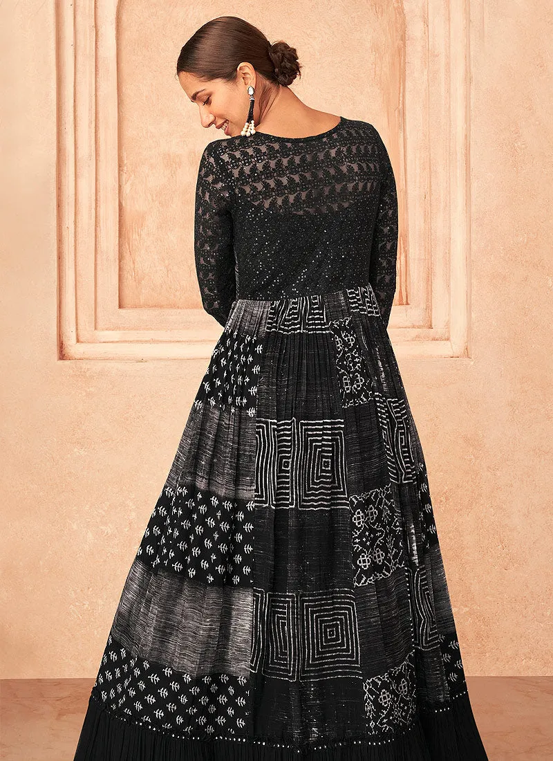 Black And White Sequence Embroidery Georgette Anarkali Gown