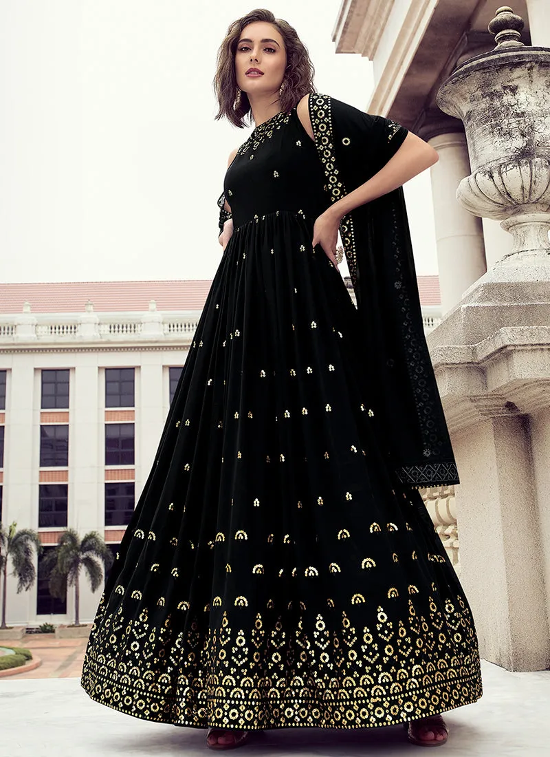 Black Golden Sequence Embroidery Wedding Anarkali Gown