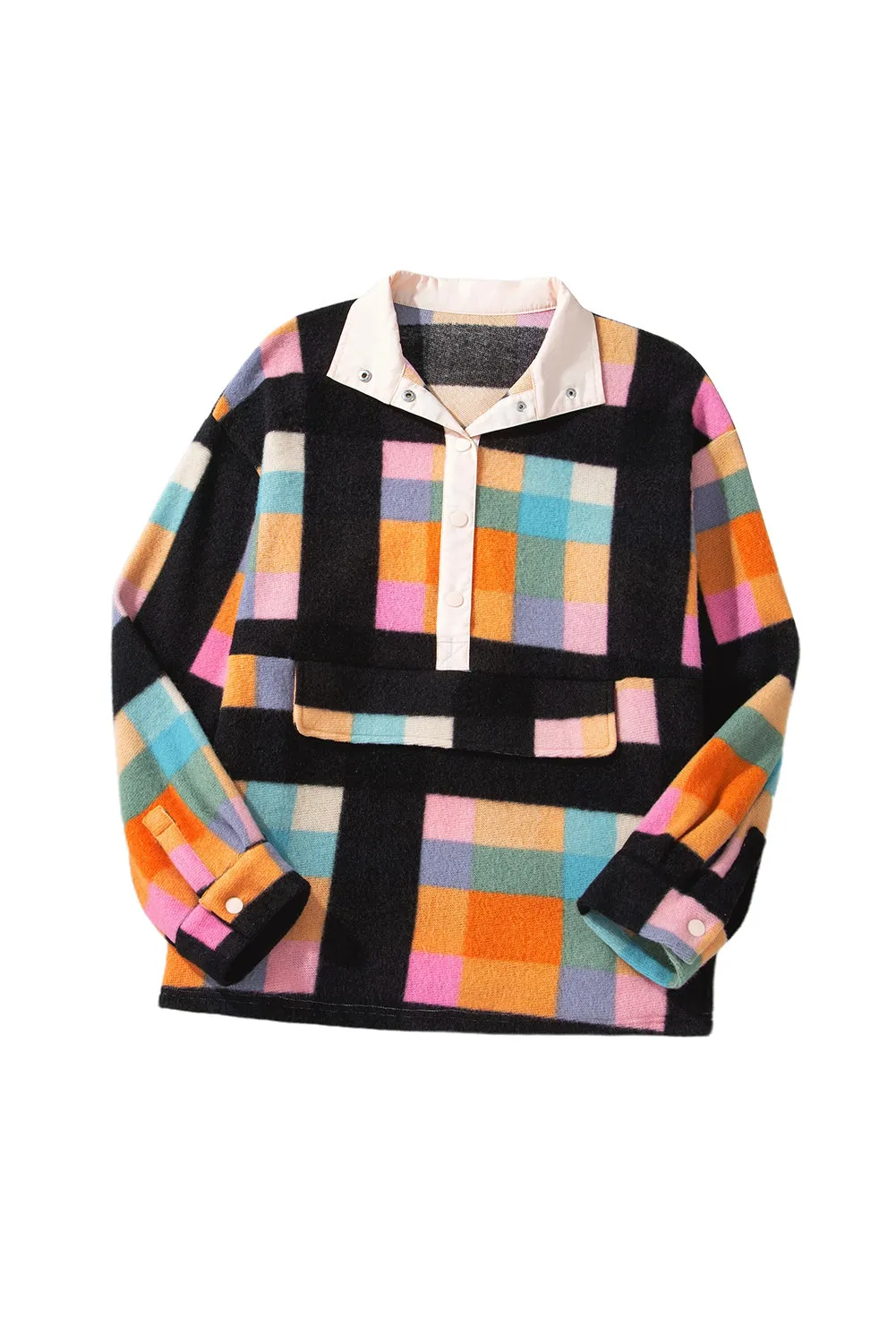 Black Plus Size Checkered Print Sherpa Henley Sweatshirt