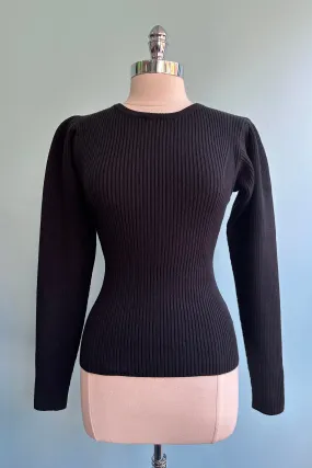 Black Ribbed Knit Puff Sleeve Sweater by Wild Pony