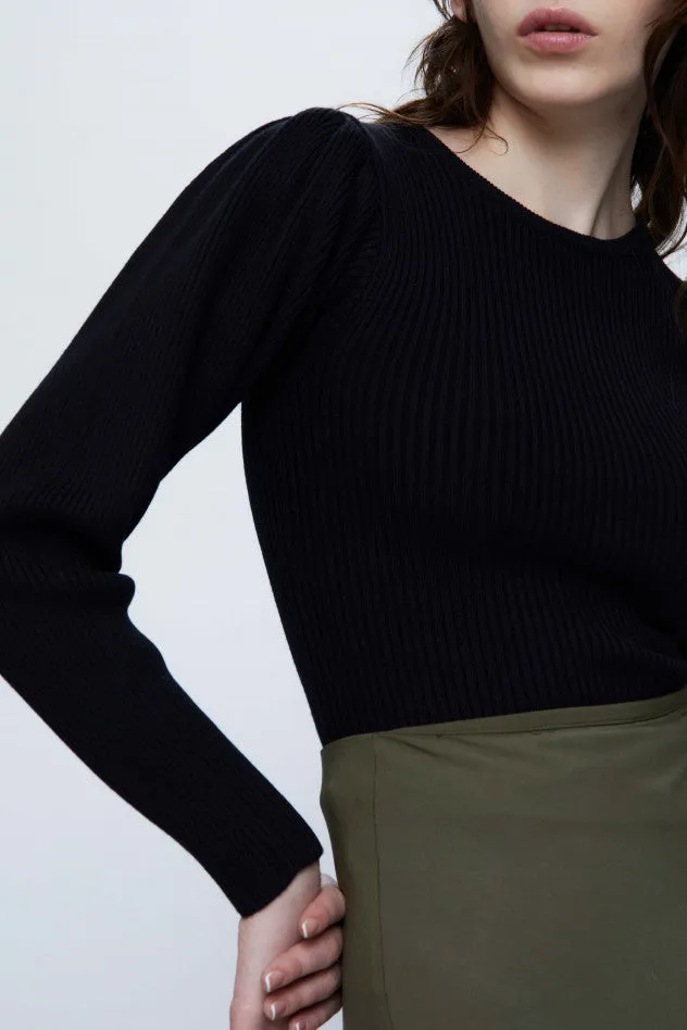 Black Ribbed Knit Puff Sleeve Sweater by Wild Pony