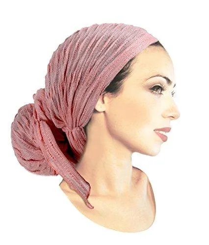 Boho Chic Pre-tied Head-Scarf Tichel Textured Knit Collection ShariRose (Champagne pink shimmer long - 407)