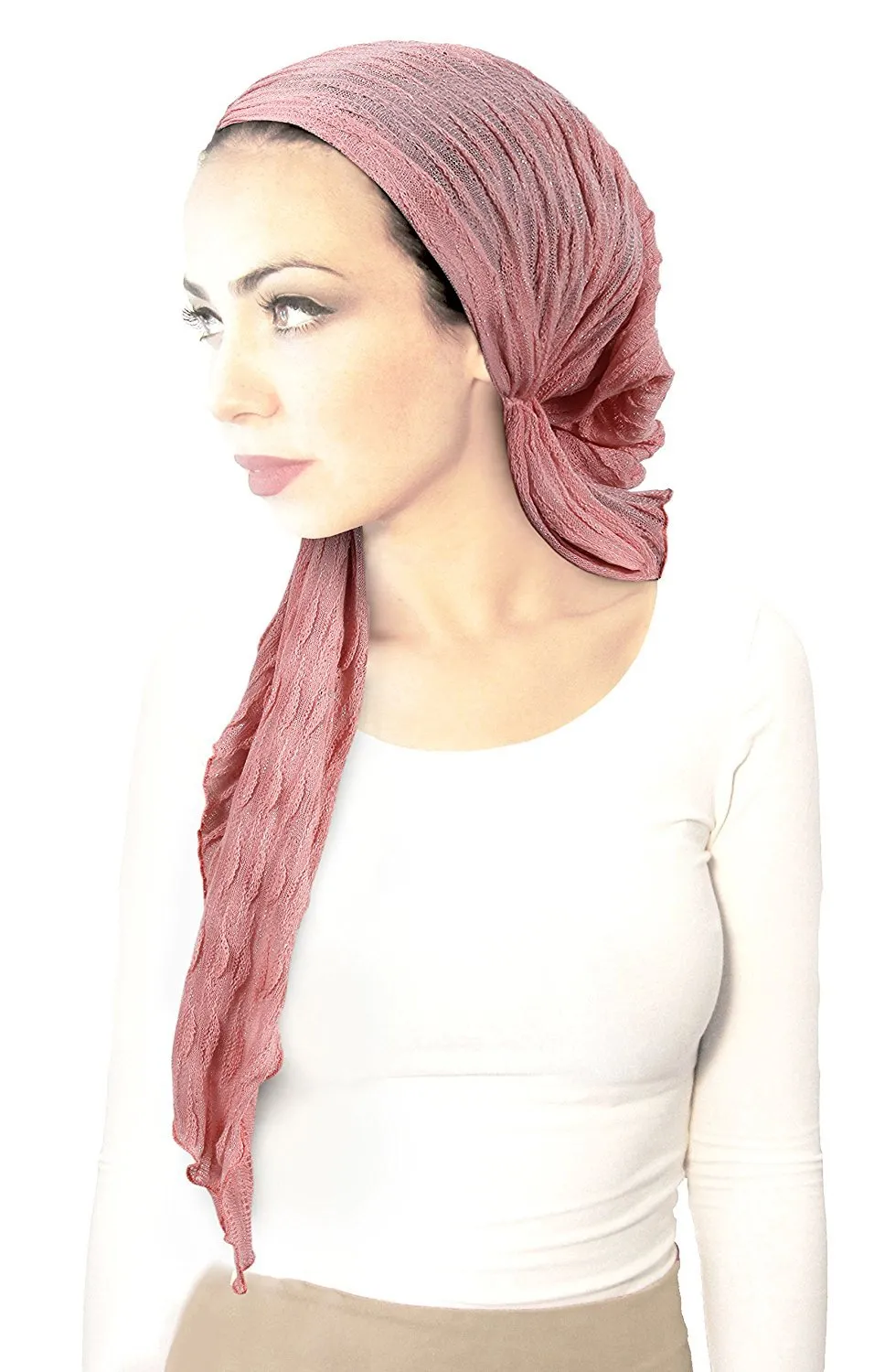 Boho Chic Pre-tied Head-Scarf Tichel Textured Knit Collection ShariRose (Champagne pink shimmer long - 407)