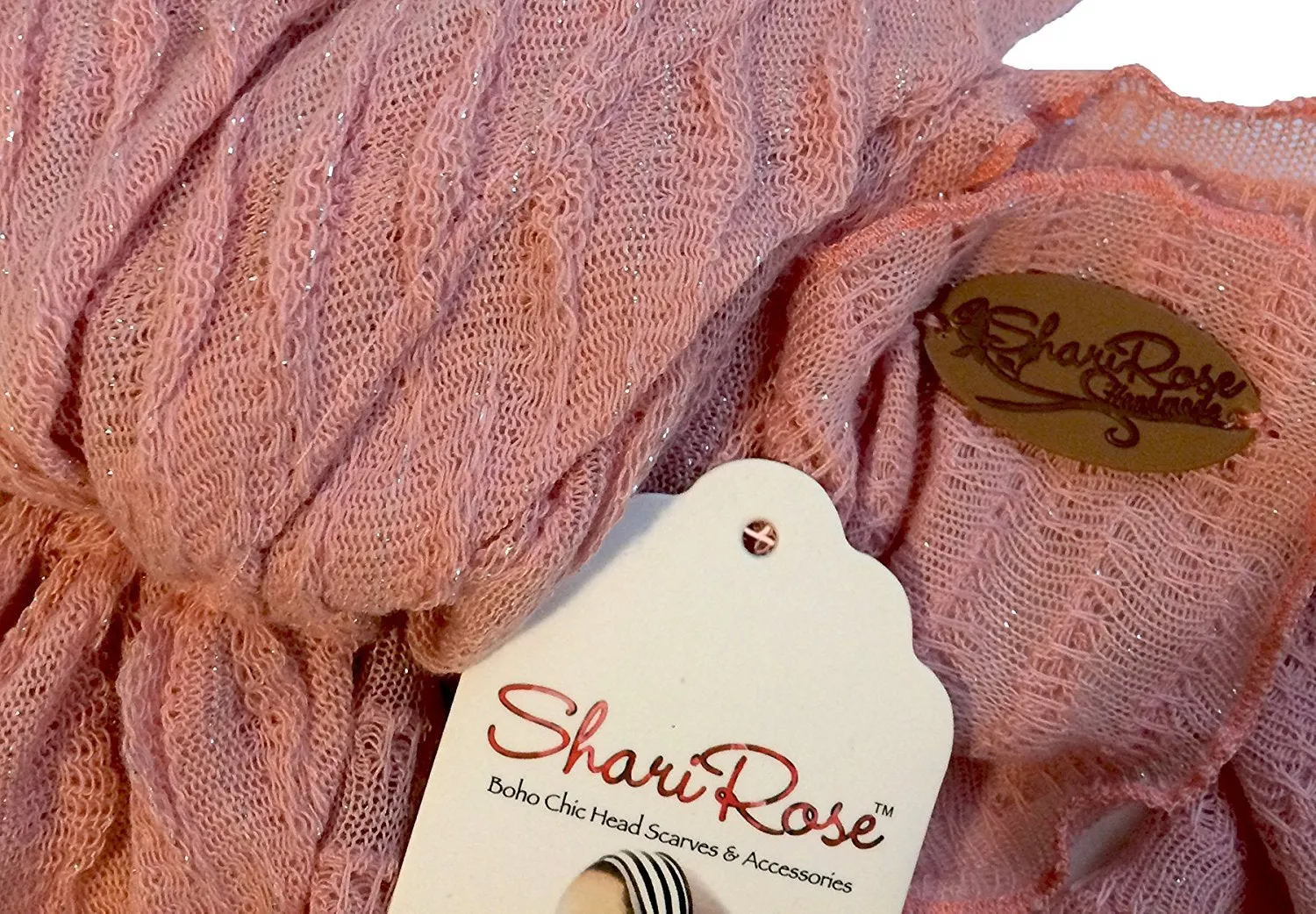 Boho Chic Pre-tied Head-Scarf Tichel Textured Knit Collection ShariRose (Champagne pink shimmer long - 407)