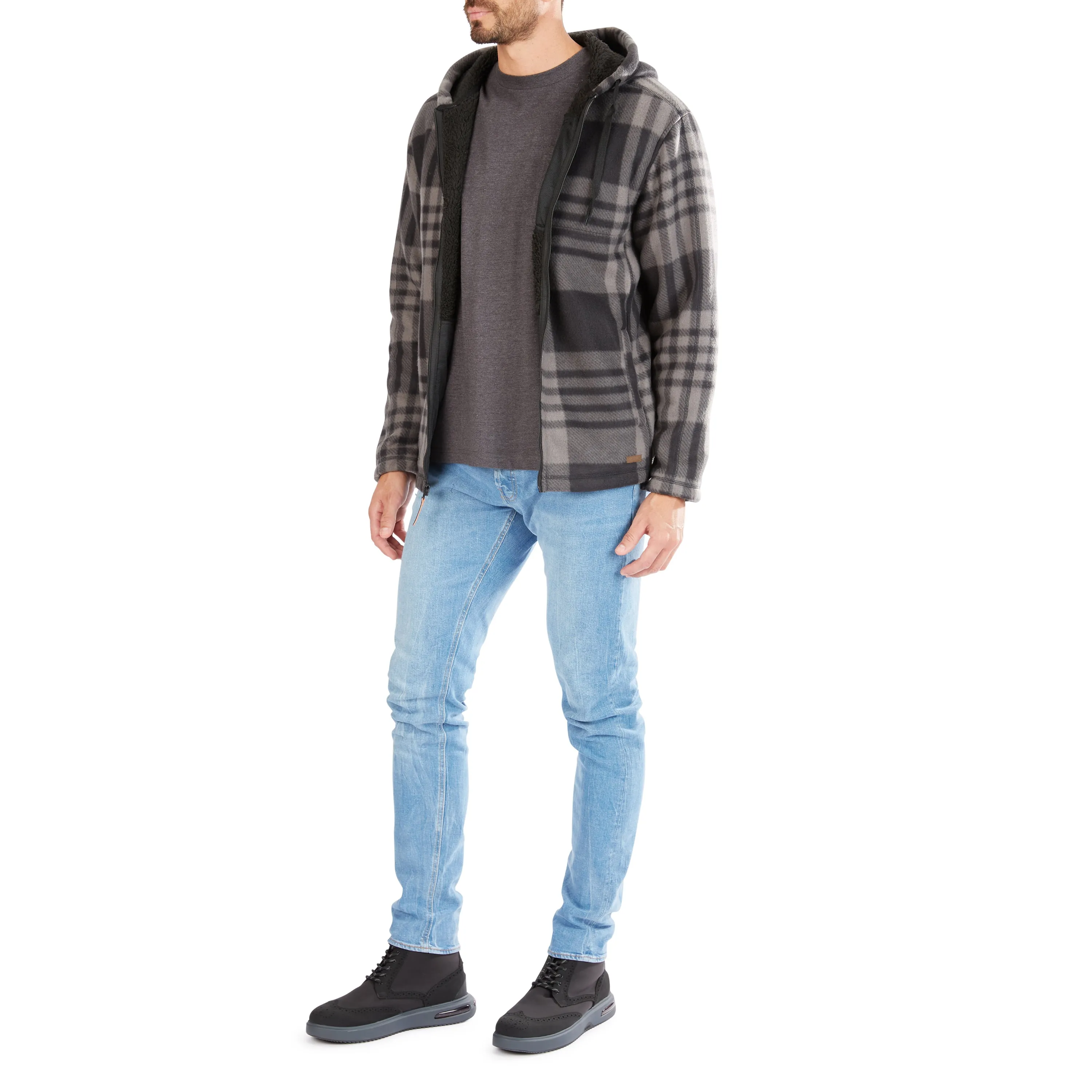 BUTTER-SHERPA LINED PLAID POLARFLEECE FULL ZIP HOODED JACKET