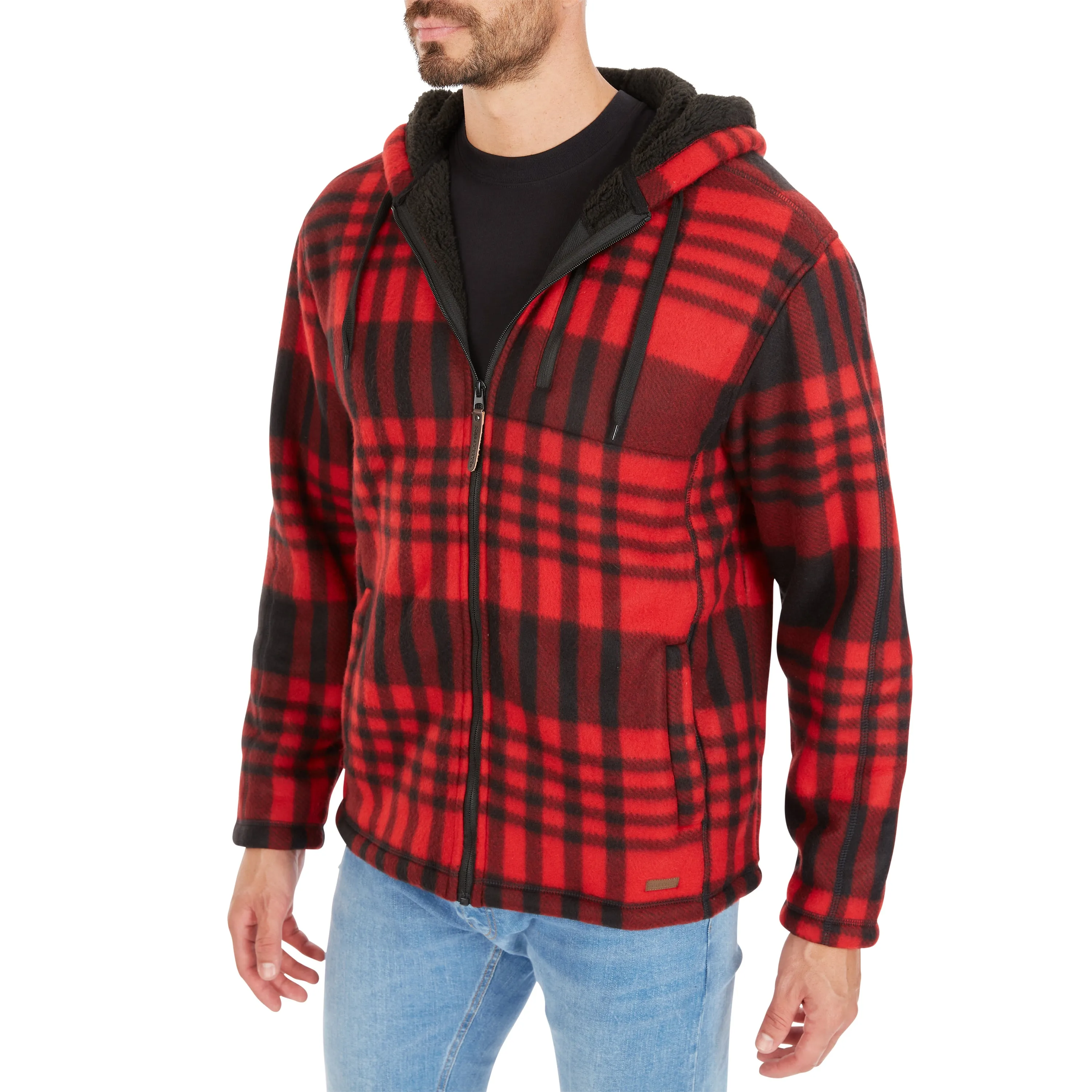 BUTTER-SHERPA LINED PLAID POLARFLEECE FULL ZIP HOODED JACKET