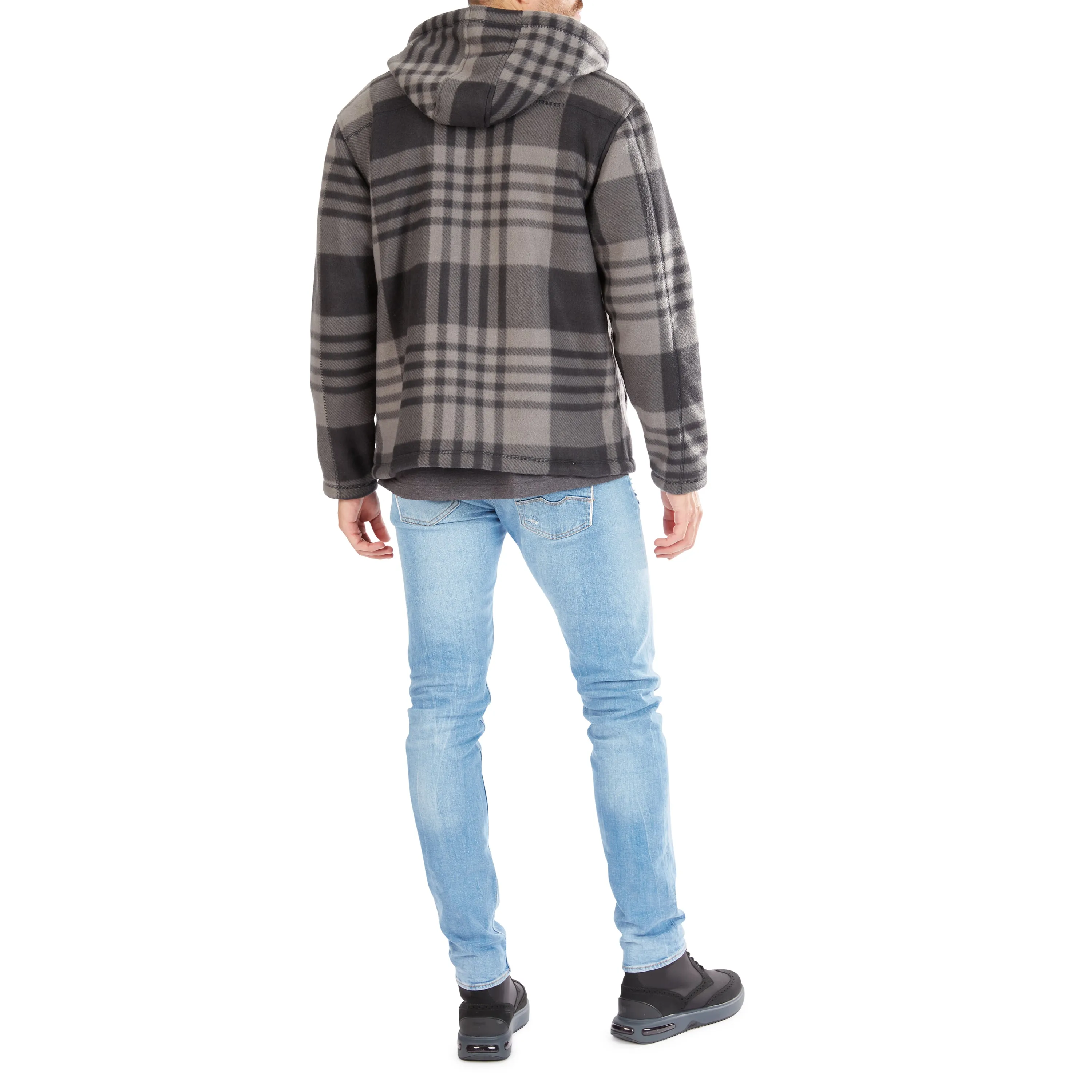 BUTTER-SHERPA LINED PLAID POLARFLEECE FULL ZIP HOODED JACKET