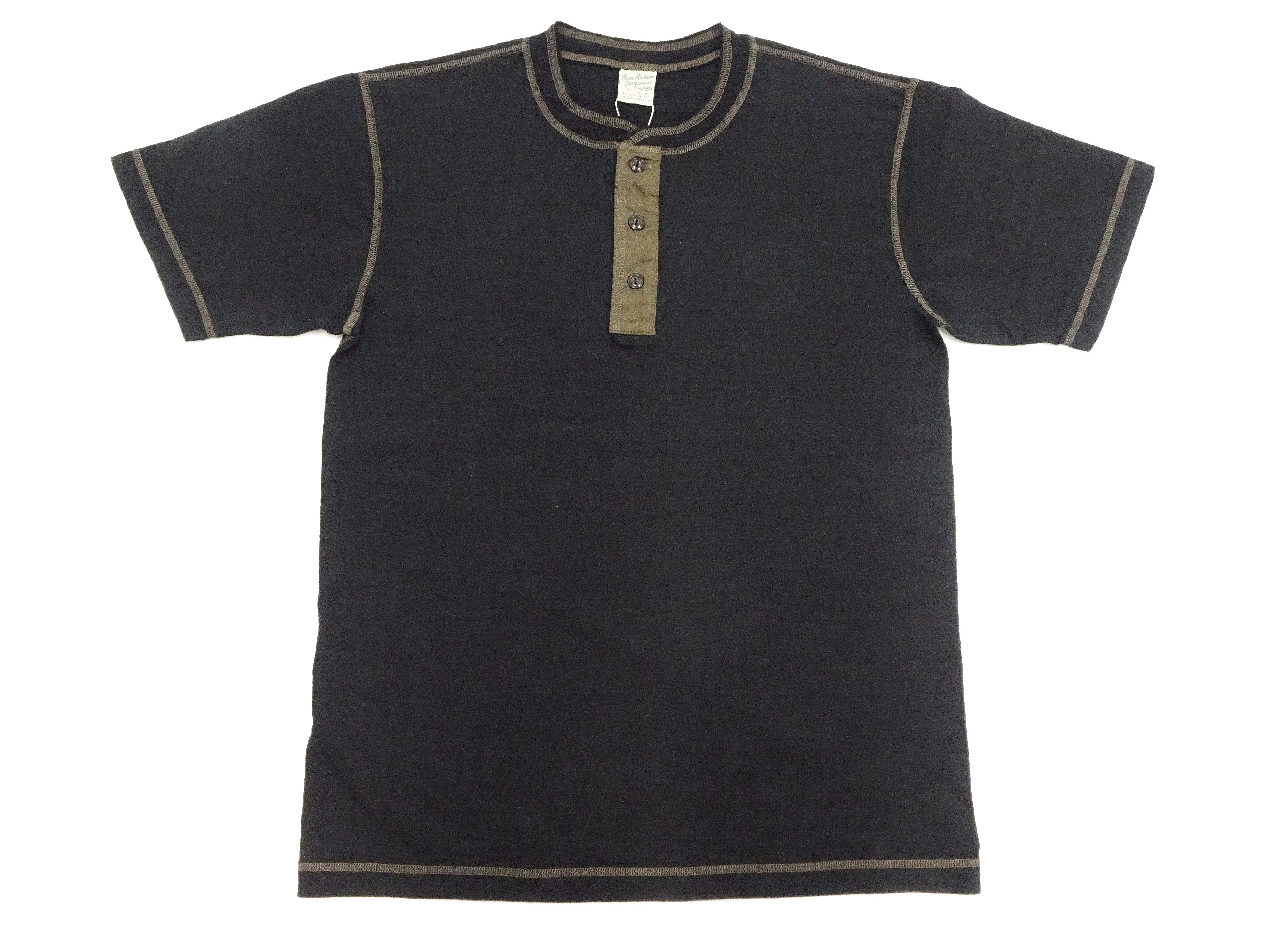 Buzz Rickson Henley T-Shirt Men's Short Sleeve Plain Loopwheeled Slub Yarn Tee BR79192 119 Black