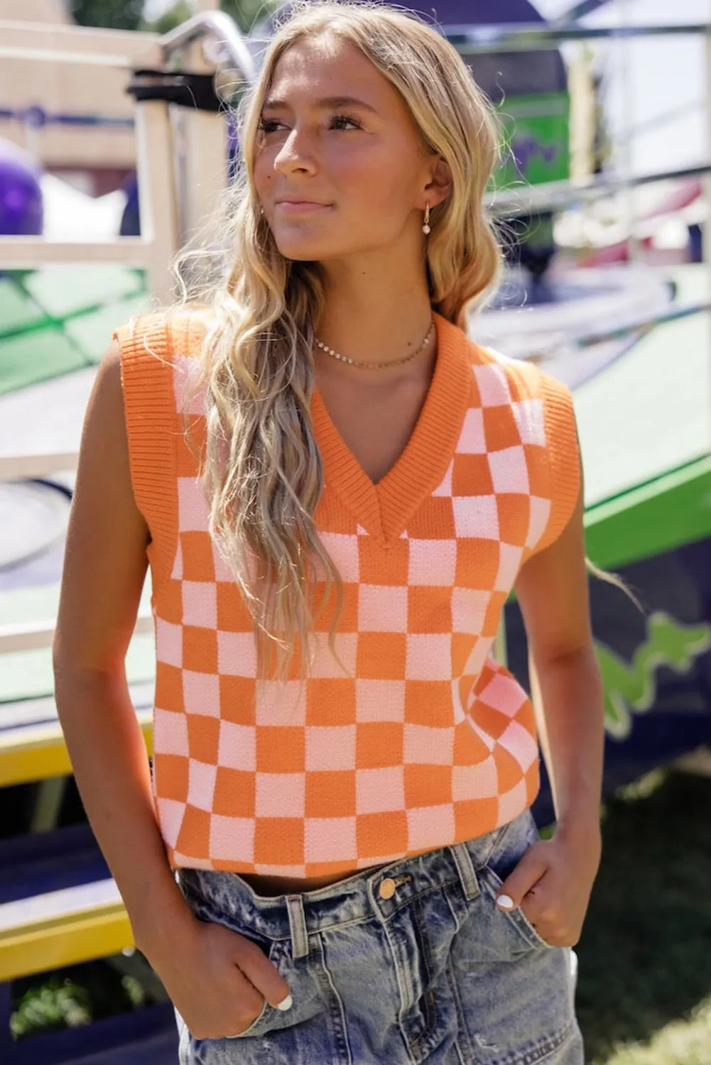 Checkered V Neck Knitted Sweater Vest