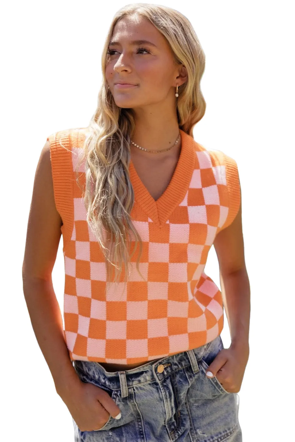 Checkered V Neck Knitted Sweater Vest