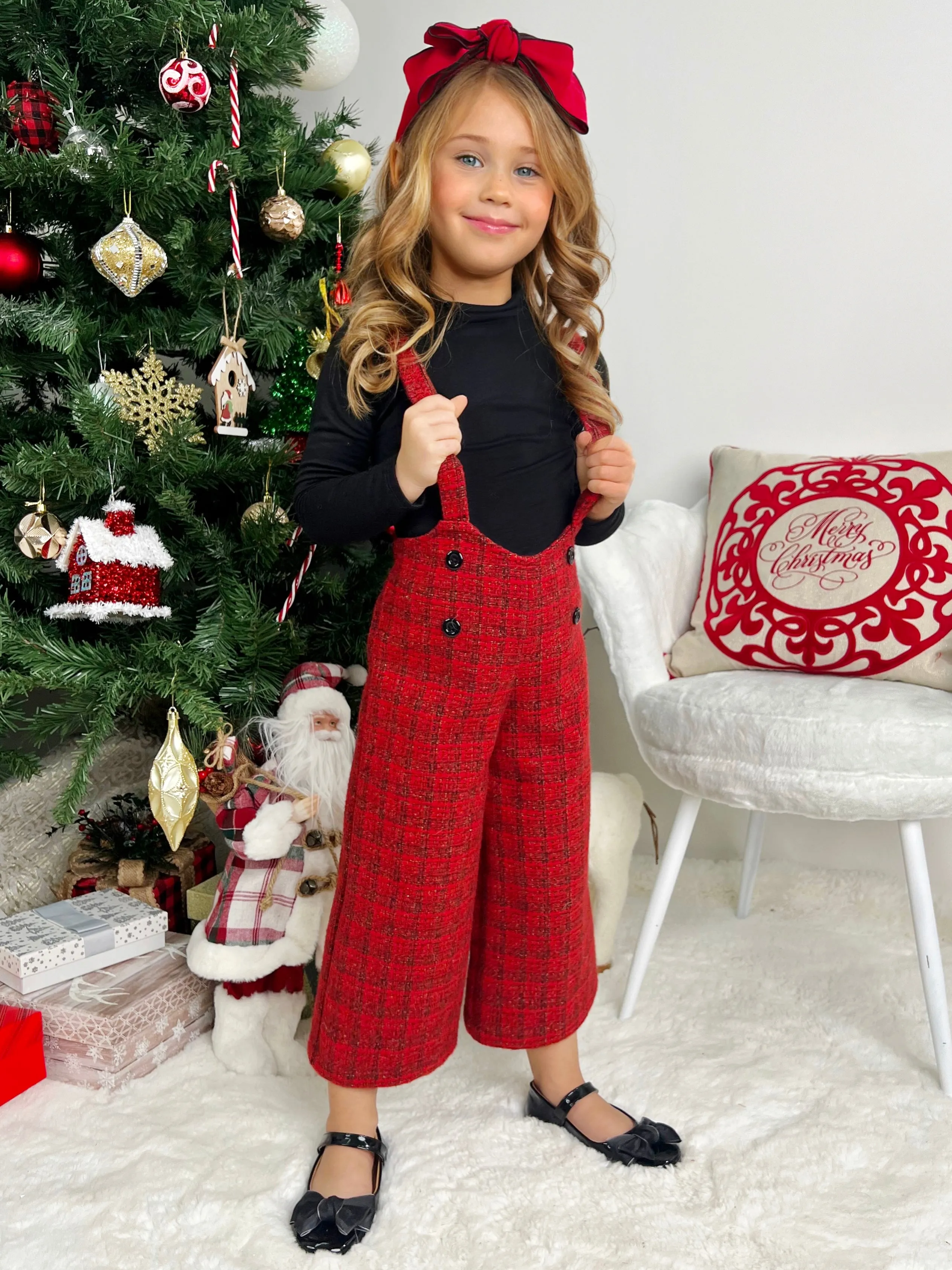 Cozy Couture Turtleneck Top and Flannel Overalls Set