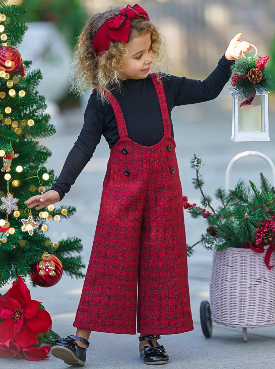 Cozy Couture Turtleneck Top and Flannel Overalls Set