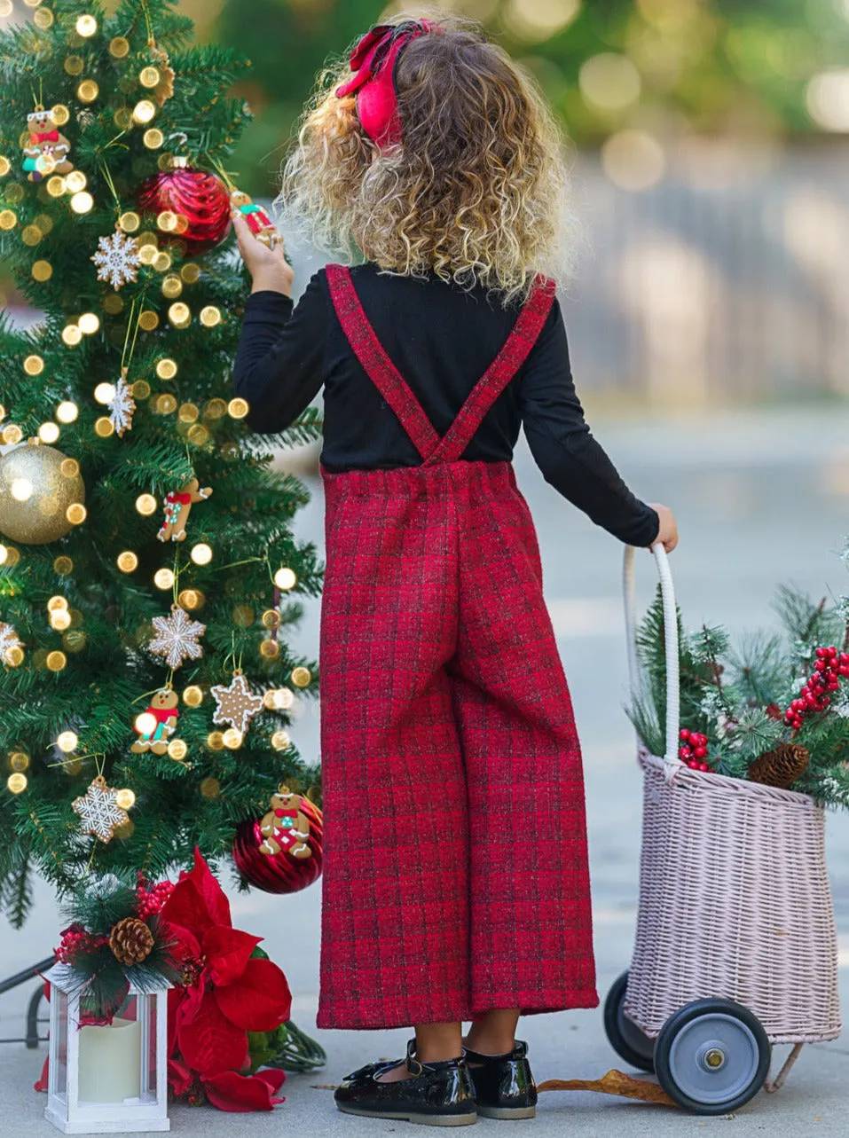 Cozy Couture Turtleneck Top and Flannel Overalls Set