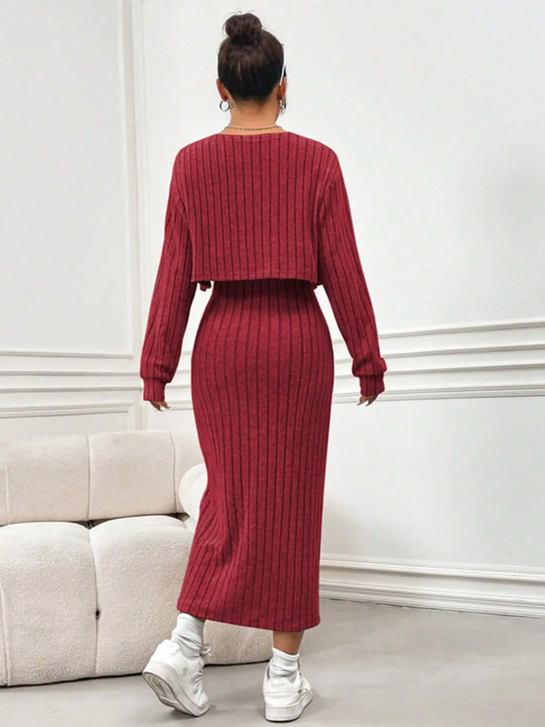 Cozy Glam: Ribbed Cardigan & Slit Cami Dress Set