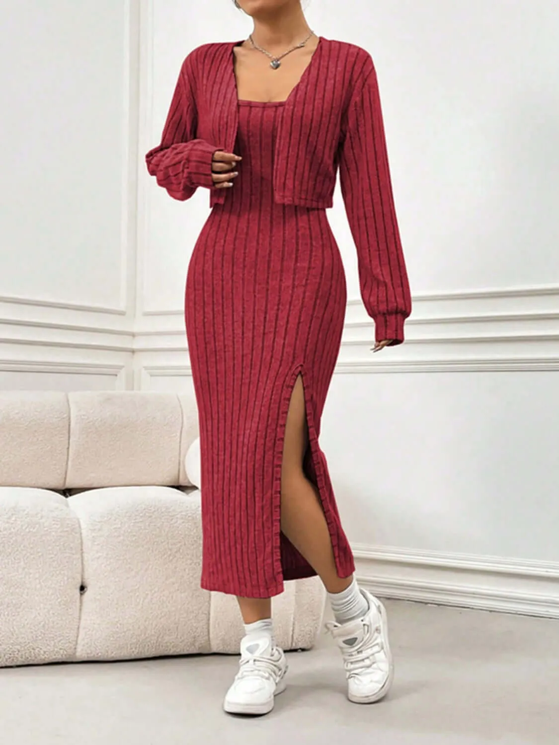 Cozy Glam: Ribbed Cardigan & Slit Cami Dress Set